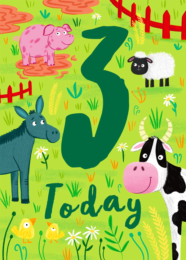 3 Today Farm Animals 3rd Birthday Card