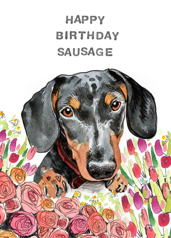 Happy Birthday Sausage Dog Floral Card
