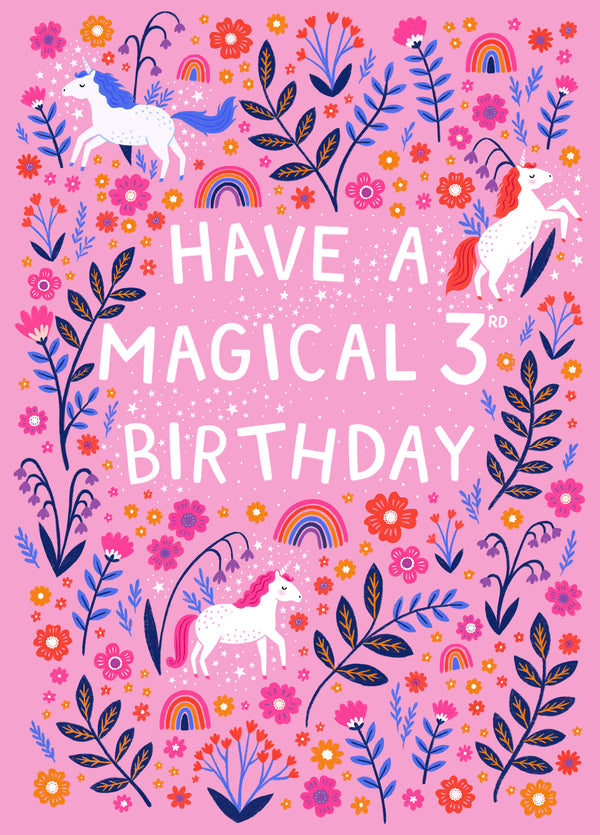 Happy 3rd Birthday - Pink Magical Unicorn Girls Card
