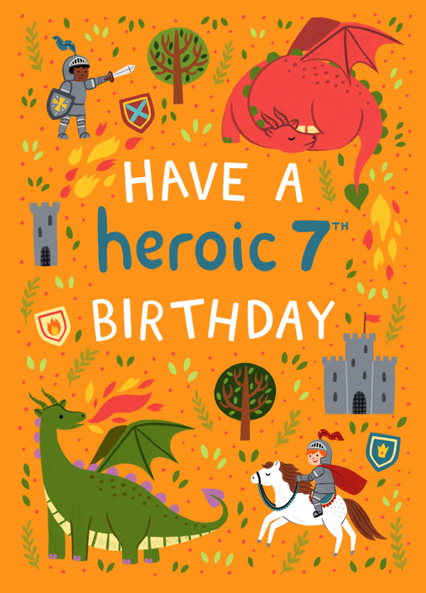 Cute Birthday Card - 7th - Knights And Dragons
