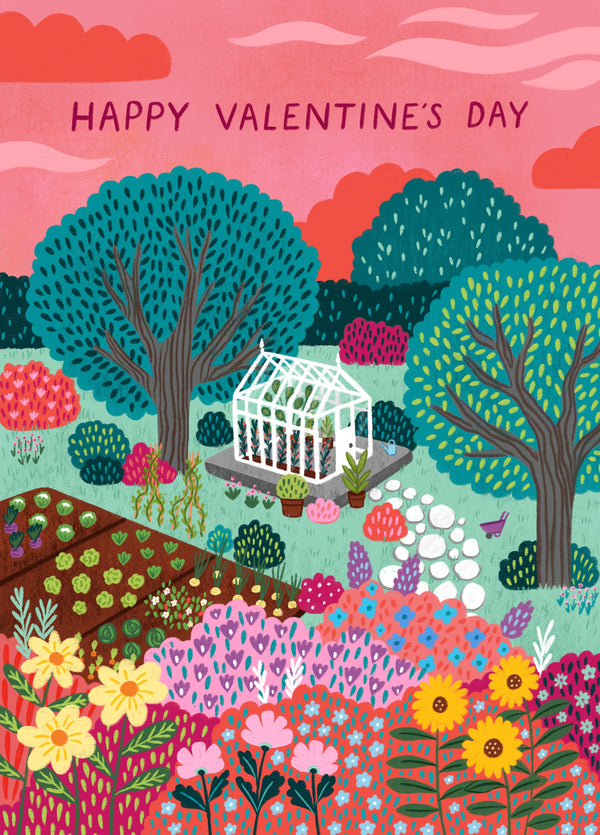 Romantic Valentine's Day Card - Colourful Pond Garden - Greenhouse - For Her