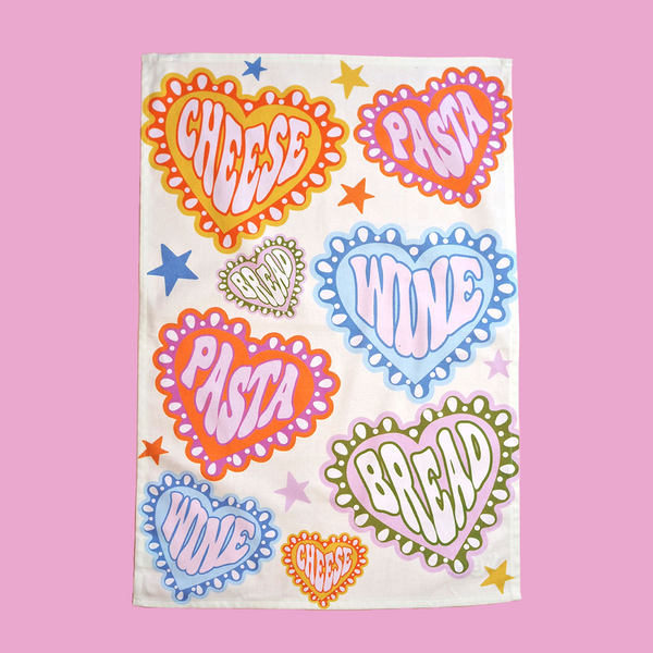 Cheese, Bread, Wine & Pasta Tea Towel